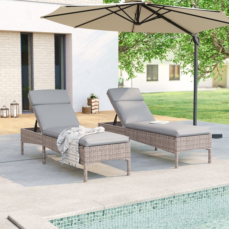 BONOSUKI 2Pcs Outdoor Lounge Chaise Rattan Chair Weather-Resistant - Grey