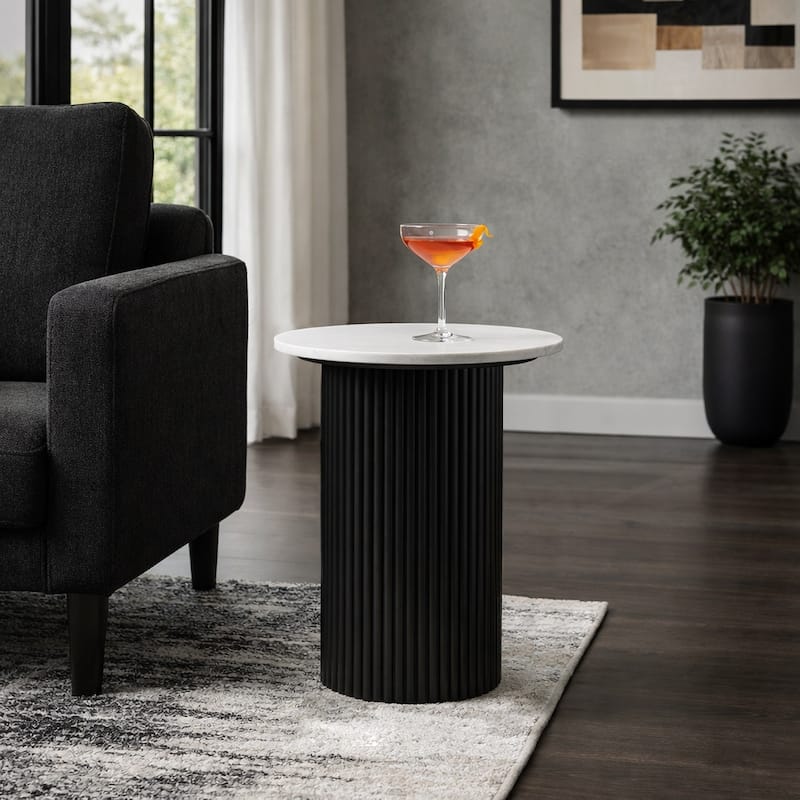 Modern Round Stone Top End Side Table with Mango Wood Base - 22" - 22.25" - 22.25" - Black/ White - Marble