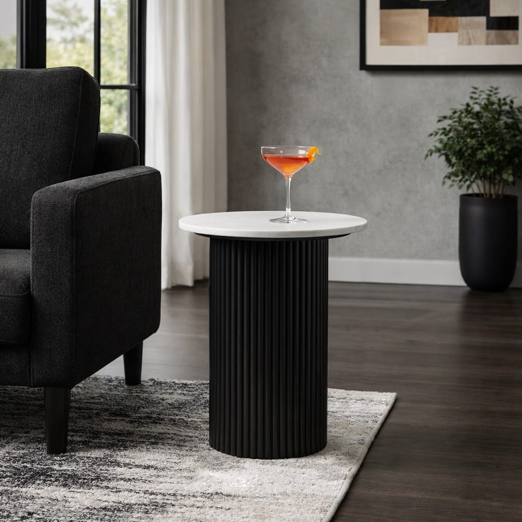 Modern Round Stone Top End Side Table with Mango Wood Base - 22" - 22.25"