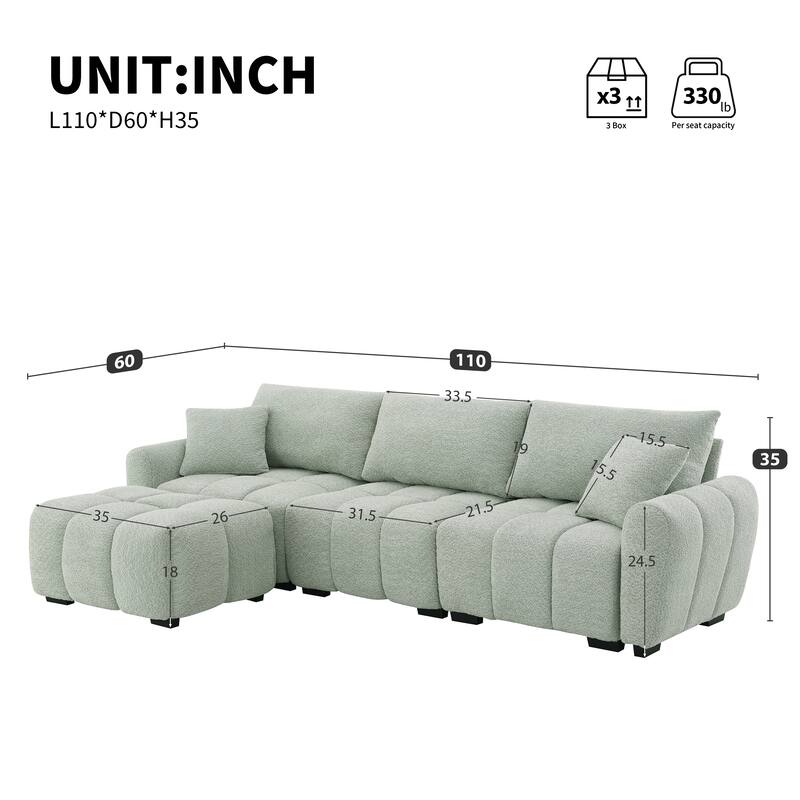L-Shaped Sectional Sofa with Movable Ottoman, Boucle Fabric Couch with 2 Throw Pillows, Modular Upholstered 4 Seat Sofa - Light Green