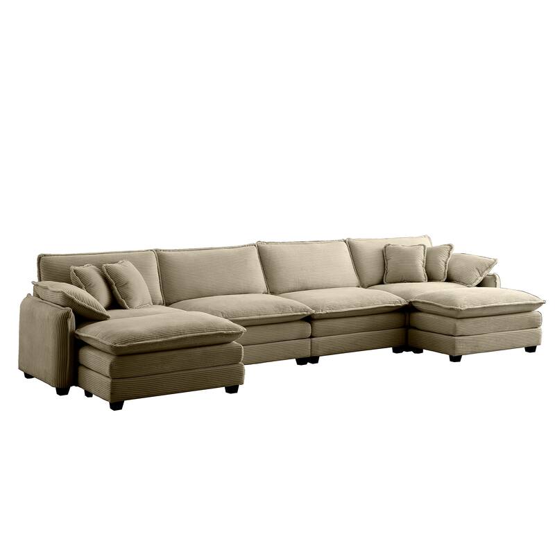 Tan 6-piece Oversized Corduroy Upholstered U-Shaped Modular Sectional Sofa with 2 Removable Ottoman and Free Combination