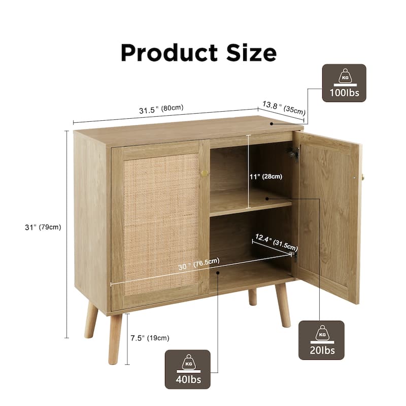 Anmytek 2-Door Farmhouse Wood Rattan Buffet Sideboard Accent Storage Cabinet with Adjustable Shelves