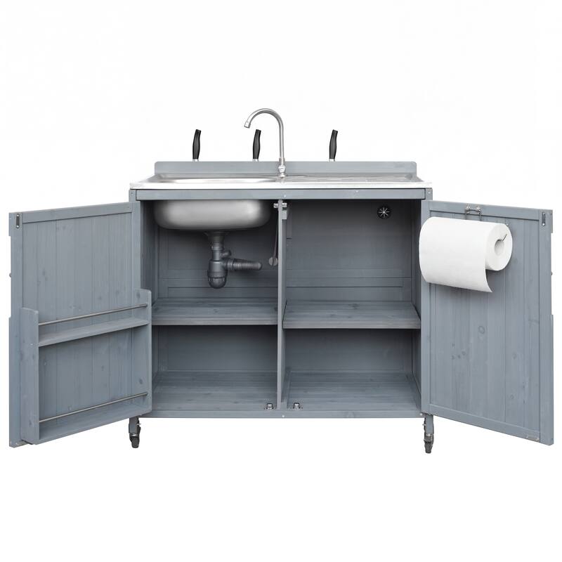 39.4" Outdoor Kitchen Island with 304 Stainless Steel Sink, Faucet & Storage Cabinet