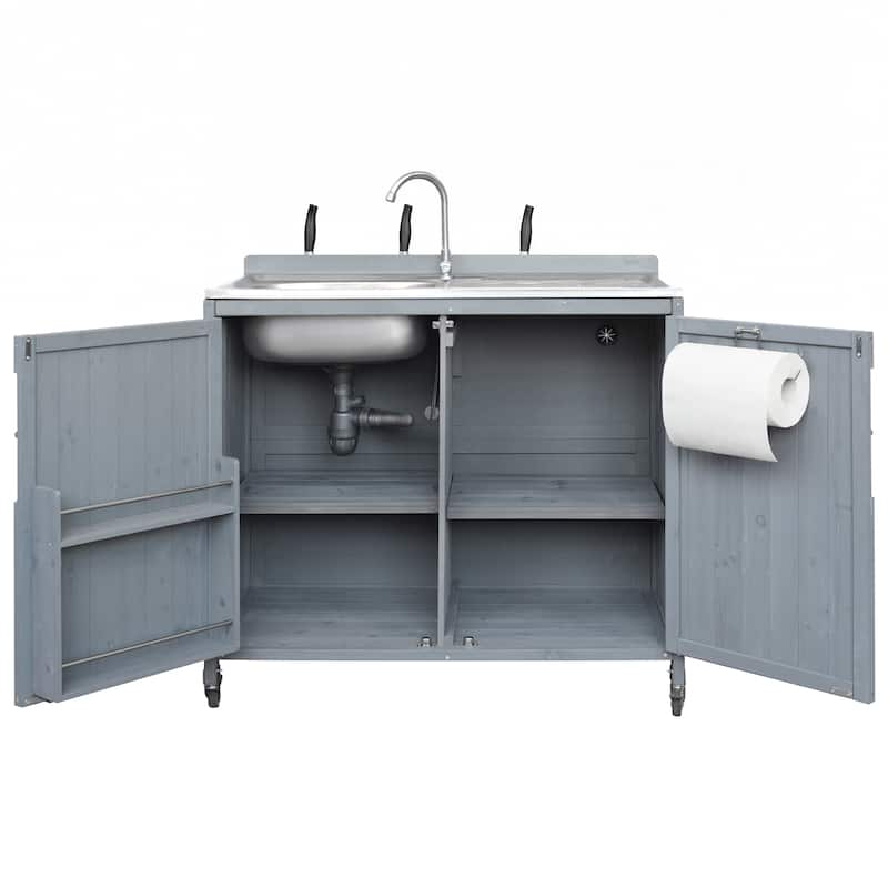 39.4" Rolling Outdoor Kitchen Island with 304 Stainless Steel Sink, Faucet & Cabinet for Pizza Prep