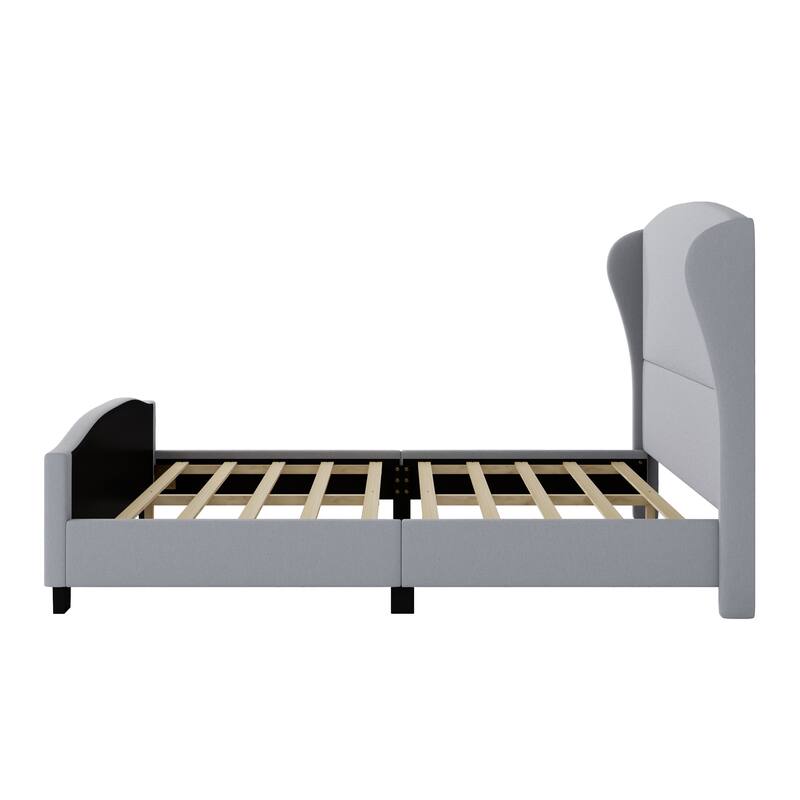 Linen Upholstered Bed Frame with Tall Headboard Wingback, Wood Slat Support Low Profile Bed, No Box Spring Needed Platform Bed