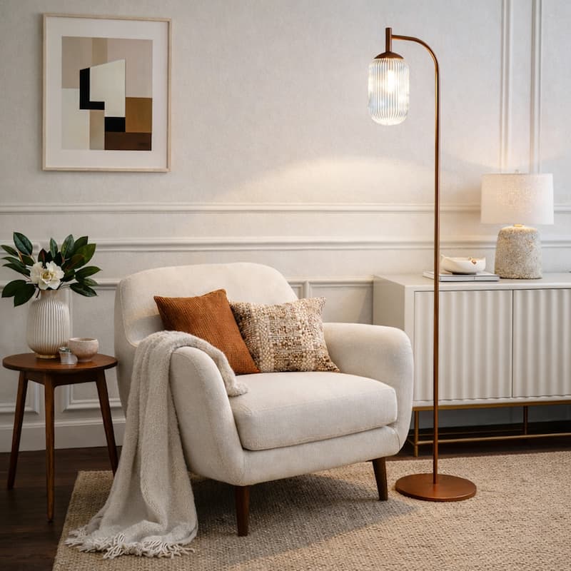 Emily Bronze Arched Floor Lamp with Ribbed Glass Shade