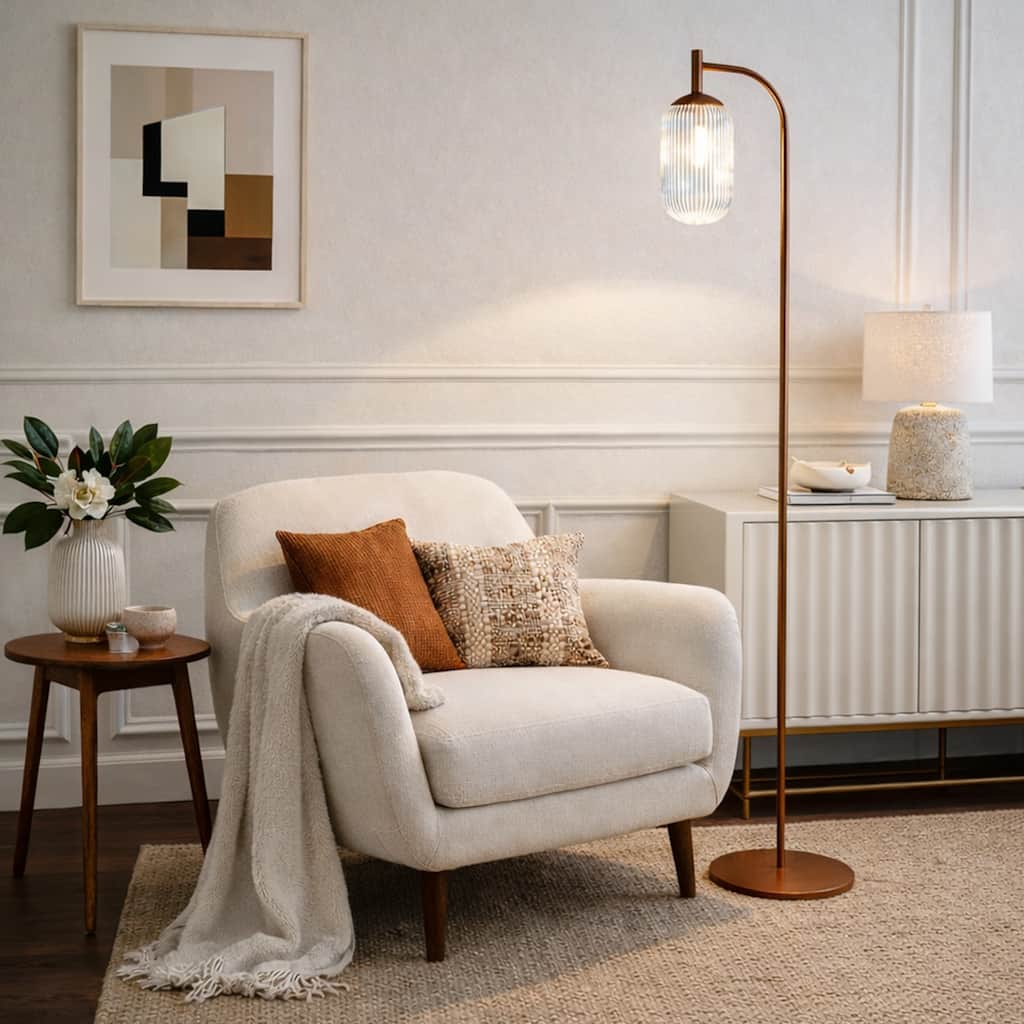 Emily Bronze Arched Floor Lamp with Ribbed Glass Shade
