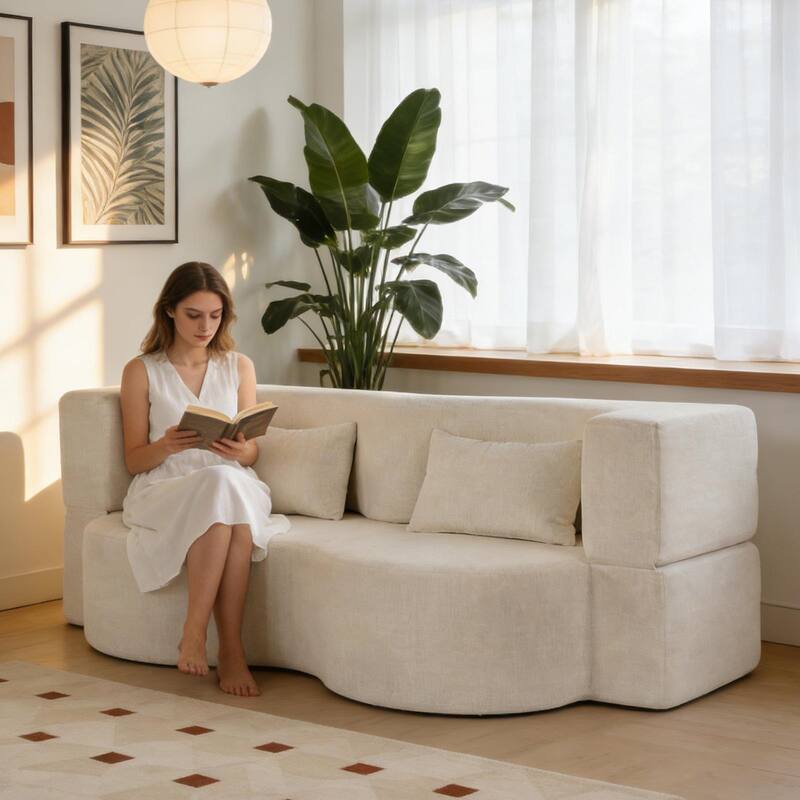 75 Inch Memory Foam 2-in-1 Foldable Sleeper Sofa Bed w/ 2 Pillows for Living Room - Beige