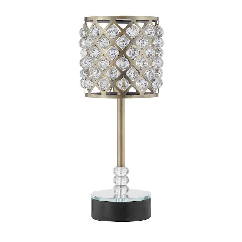 Dany 24 Inch Table Lamp with Crystal Drum Shade, Black Metal, Antique Brass - Brass, Black