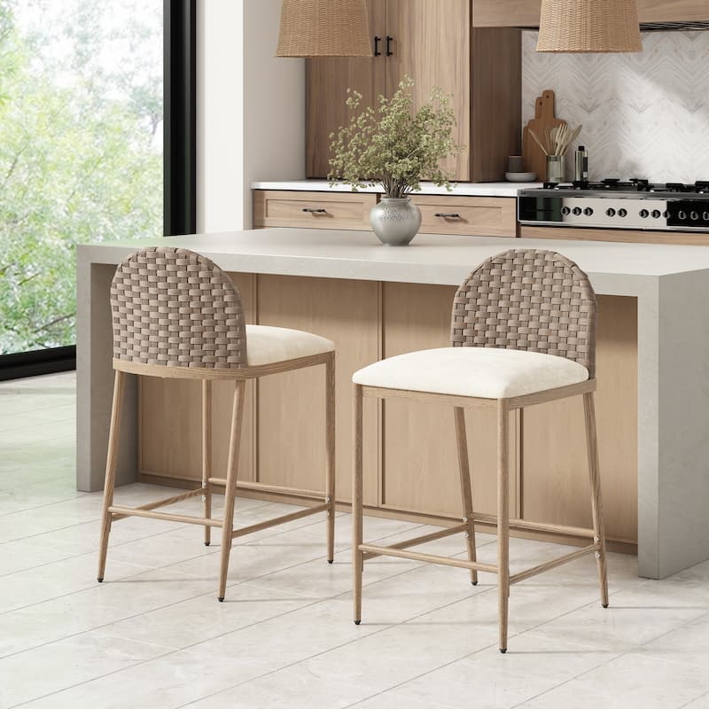 Christopher Knight Home - Isolde Farmhouse Upholstered Armless Barstool in Iron & Rattan (Set of 2) - Brown