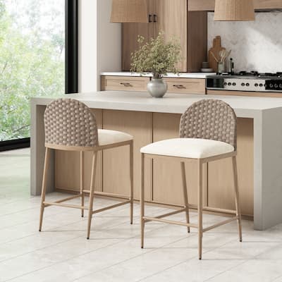 Christopher Knight Home - Isolde Farmhouse Upholstered Armless Barstool in Iron & Rattan (Set of 2)