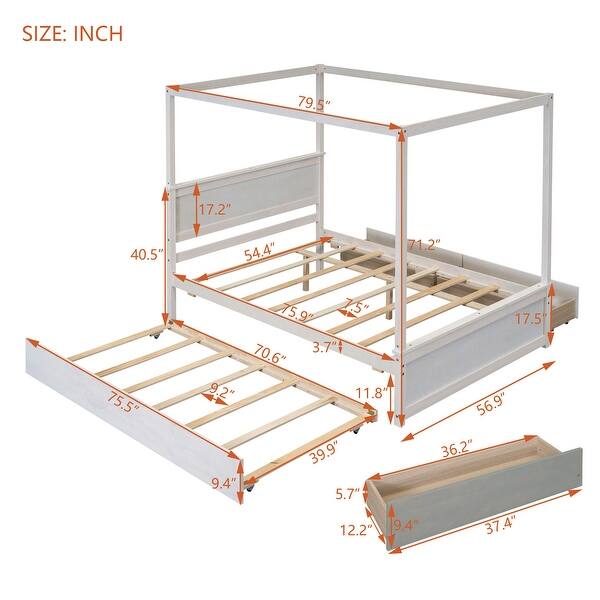 Roomfitters Full Size Wood Canopy Bed with Trundle, Two Drawers, Platform Bed with Support Slats, No Box Spring Needed, White