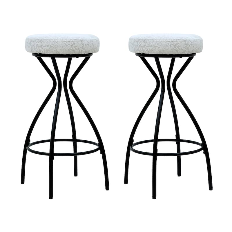 Modern Set of 2 Backless Bar Stools with Round White Print Seat and Black Metal Frame - 14.37"Dia x 29.92"H