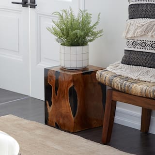 Brown Teak Wood Block Accent Table with Black Resin Inlay