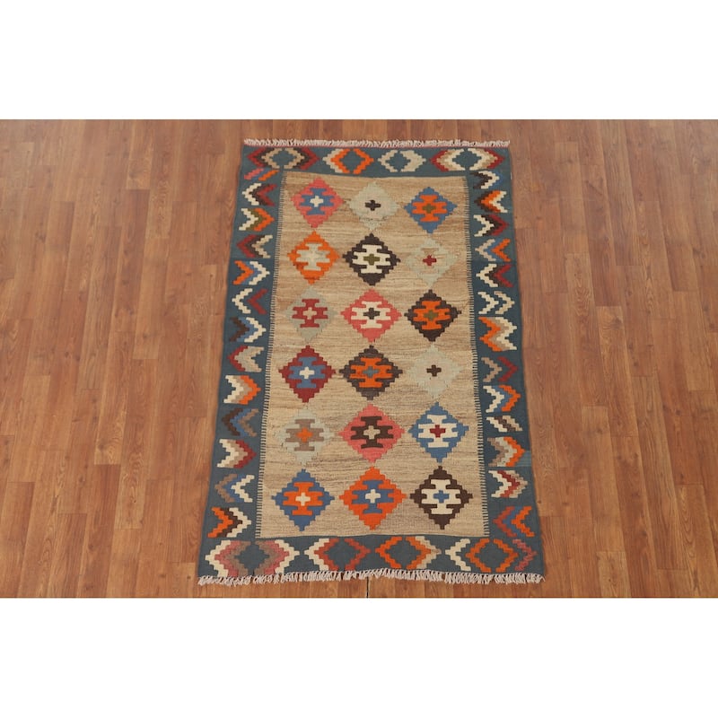 Geometric Kilim Shiraz Persian Accent Rug Hand-Woven Wool Carpet - 3'3" x 4'11"