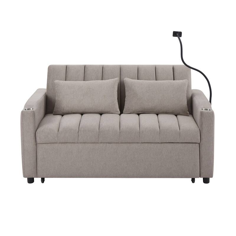 55.9" Convertible Sofa Bed Loveseat Sofa with Three USB Ports, Two Side Pockets, Two Cup Holders and 360°Swivel Phone Holder
