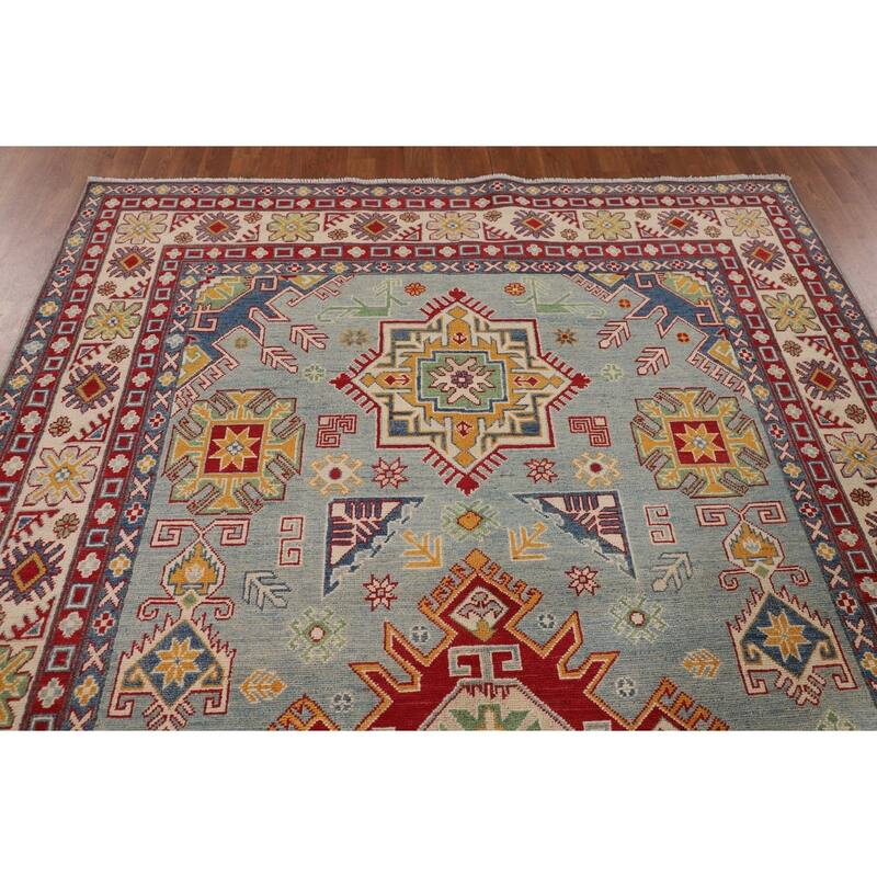 Hand Knotted Oriental 100% Wool Carpet Traditional Geometric Navy Blue & Blues Kazak Area Rug - 9' 8'' X 6' 6''
