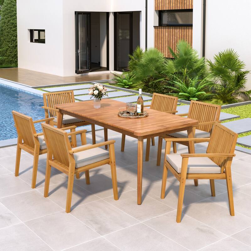 7-Piece Acacia Wood Outdoor Dining Set, 72"W Slatted Table & 6 Chairs with Removable Cushions for Patio Garden - Natural,Teak