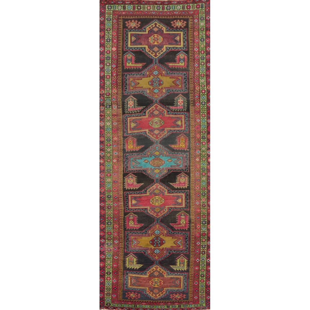 Hand Knotted Oriental 100% Wool Carpet Traditional Geometric Black Ardebil Runner Rug - 10' 9'' X 3' 4''