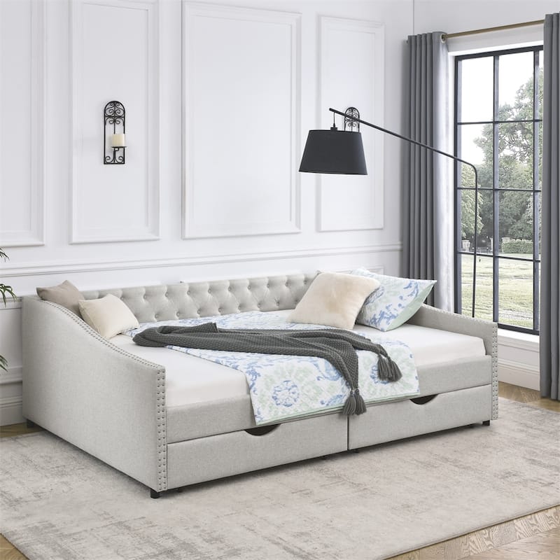 Queen Size Upholstered Tufted Daybed with Drawers and Button on Back