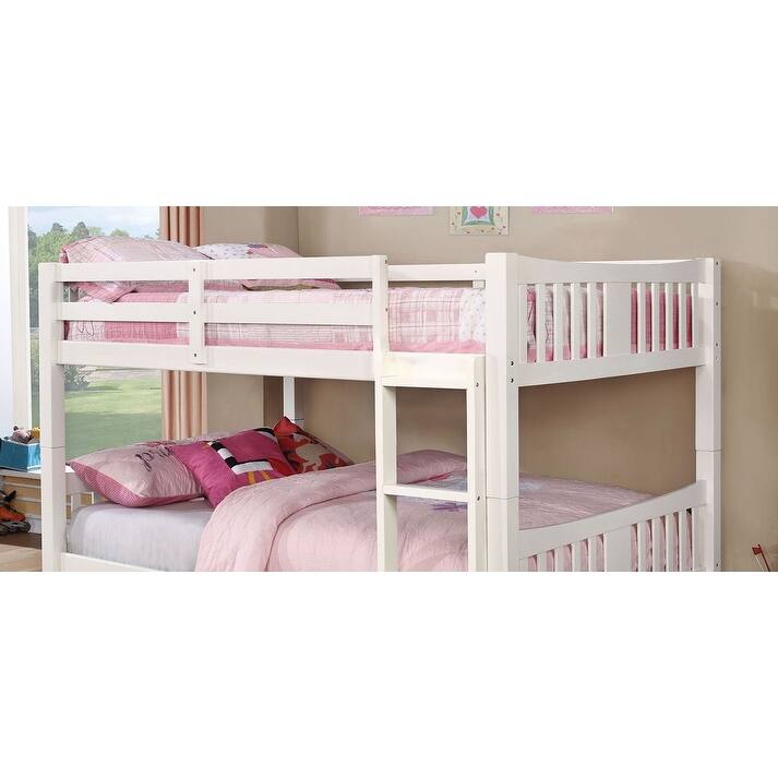 Full Over Full Bunk Bed with Attached Ladder, White Finish, Trundle Not Included
