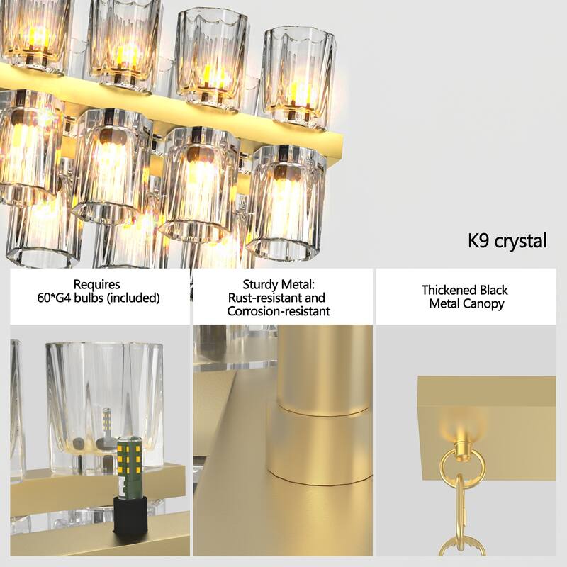54" Gold Crystal Brass Rectangle Chandelier - Farmhouse - Kitchen Dining， Includes 60XG4 Bulbs