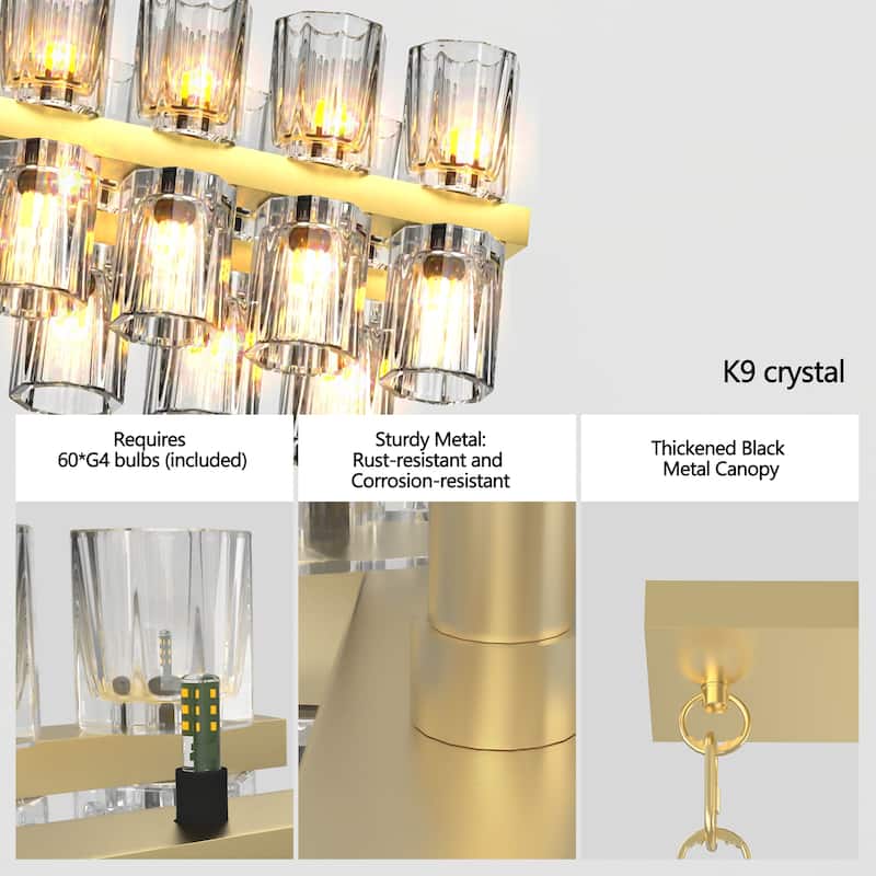 Crystal Brass Rectangle Chandeliers for Dining Room, 54in Gold Farmhouse Chandeliers, for Kitchen Island Living Room