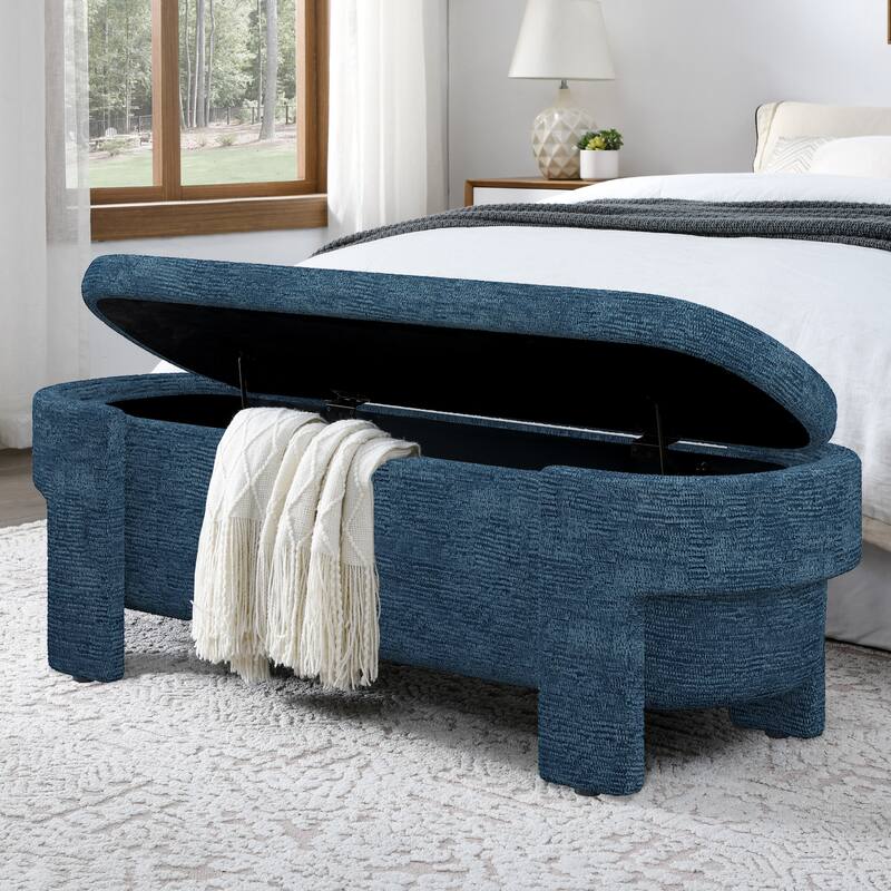 Oval Storage Bench Linen Upholstered Entryway Bench Ottoman Bench