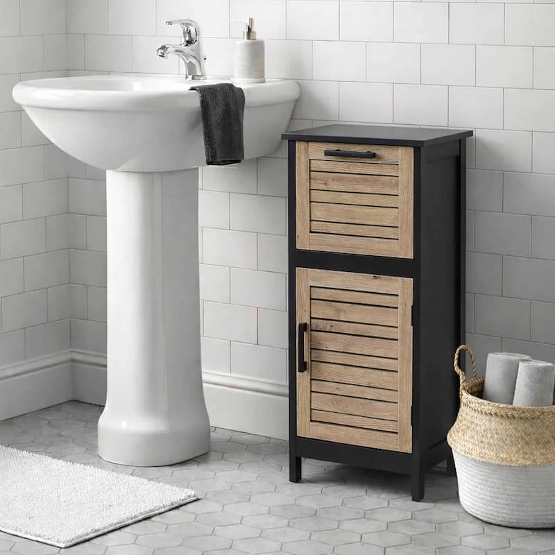 Compact Bathroom Storage Cabinet with Drawer and Vented Door, Black and Brown - Bergen Collection - 14.7"L x 11.13"W x 32.12"H
