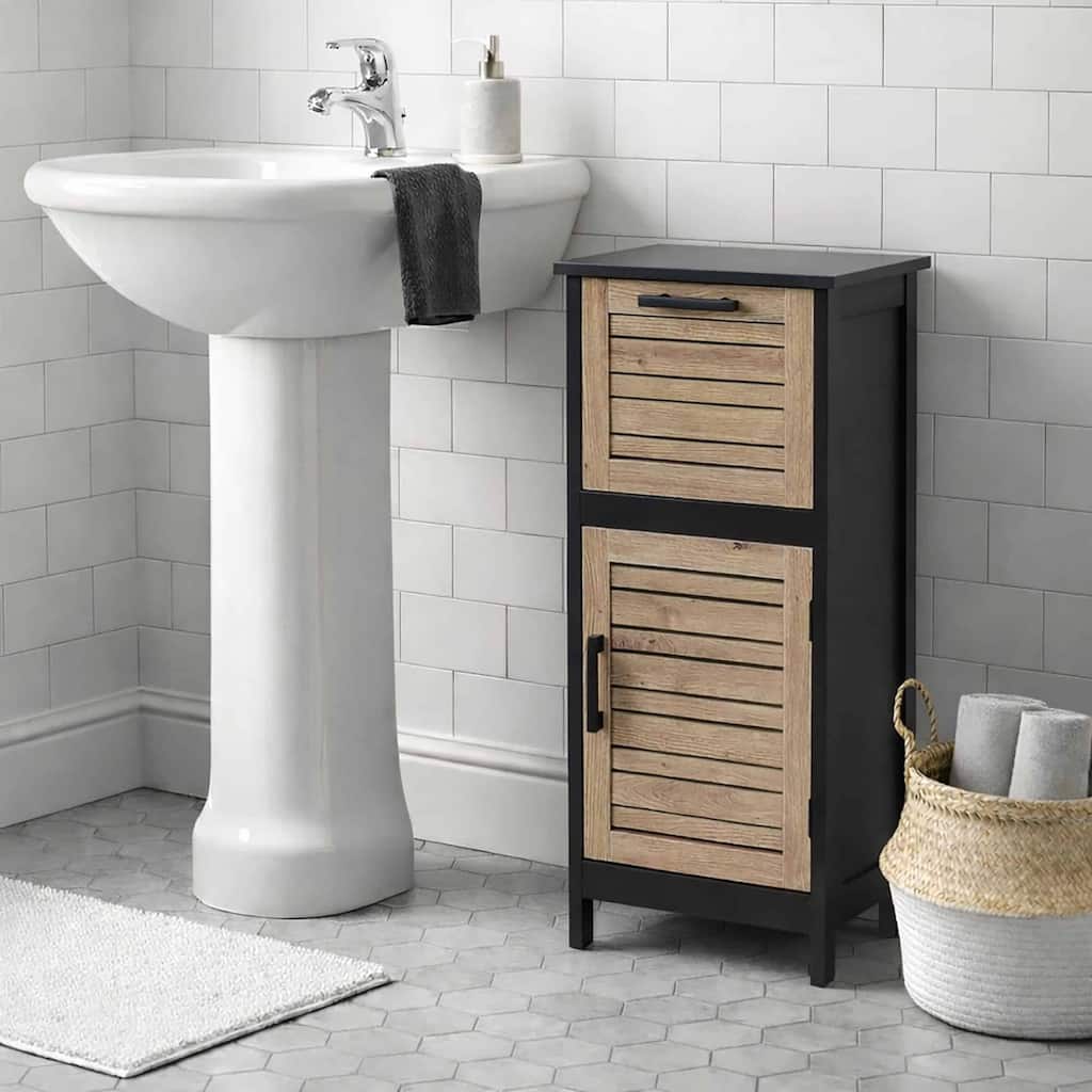 Compact Bathroom Storage Cabinet with Drawer and Vented Door, Black and Brown - Bergen Collection - 14.7"L x 11.13"W x 32.12"H