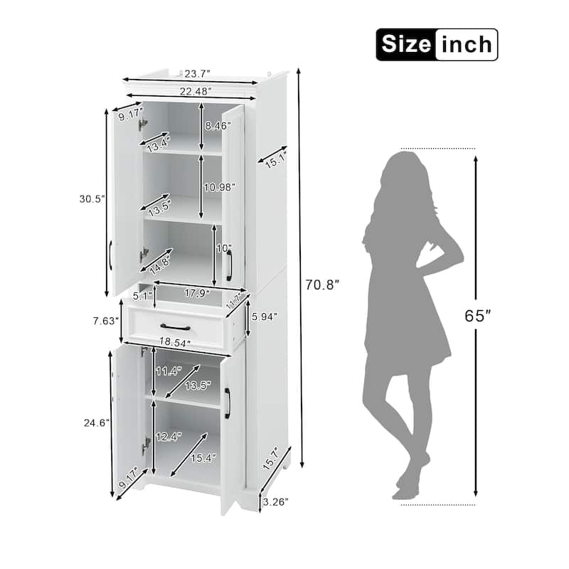 Roomfitters 70.8" Tall Freestanding Bathroom Cabinet with 4 Doors, 1 Drawer and Adjustable Shelves, Modern White