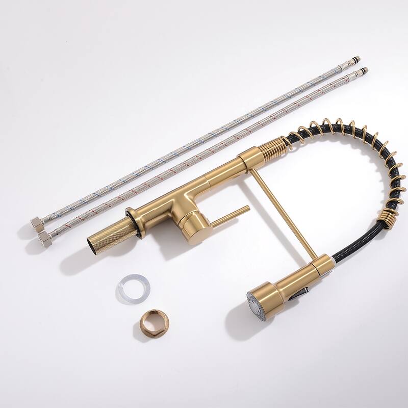 Single Handle Commercial LED Kitchen Sink Faucet With Pull Down Sprayer Brushed Gold Modern Spring Single Hole Basin Taps
