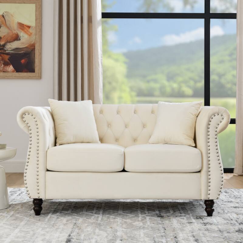 58.8" Chesterfield Sofa Beige Velvet for Living Room, 2 Seater Sofa Tufted Couch with Rolled Arms and Nailhead