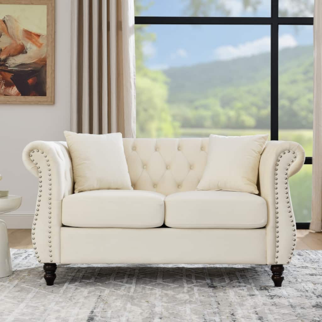 58.8" Chesterfield Sofa Beige Velvet for Living Room, 2 Seater Sofa Tufted Couch with Rolled Arms and Nailhead