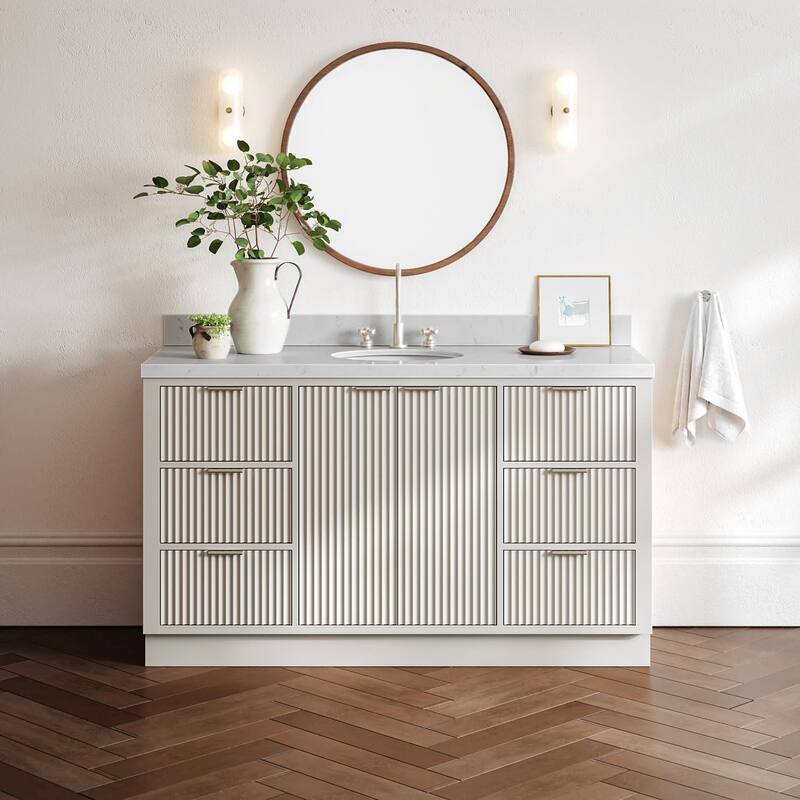 Ariel P60CQOVO Milan 60" Free Standing Single Basin Vanity Set with - Warm White / Carrara White Quartz Top / Brushed