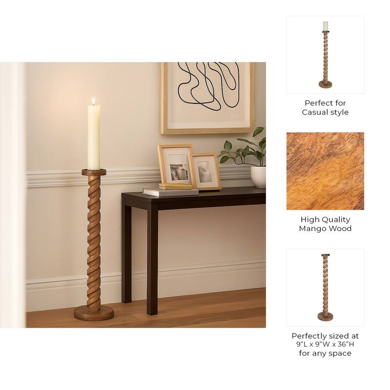 Wood Spiral Floor Pillar Candle Holder - Brown, 36 in.
