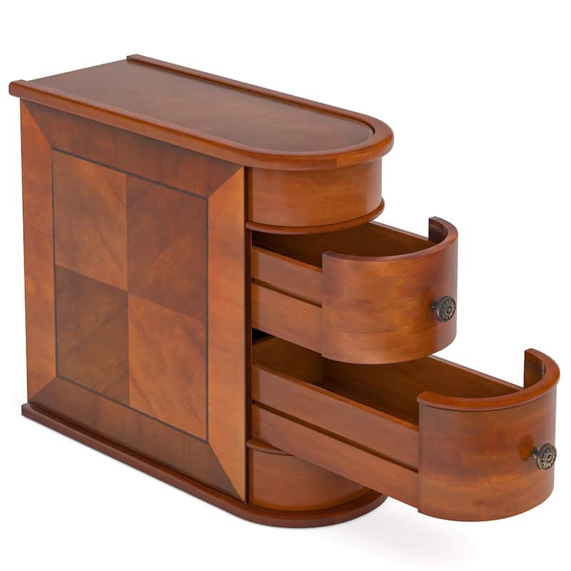 Brown Oak Wooden Side Table with 2 Storage Sliding Drawers for Living Room or Bedroom - 10.83”L x 23.62”W x 23.62”H