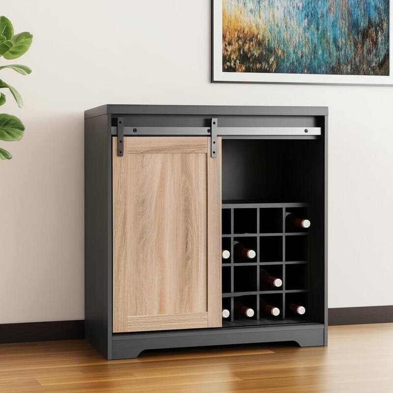 HomeRoots 32" Charcoal And Natural Wood Barn Door Bar Cabinet - Dark Gray