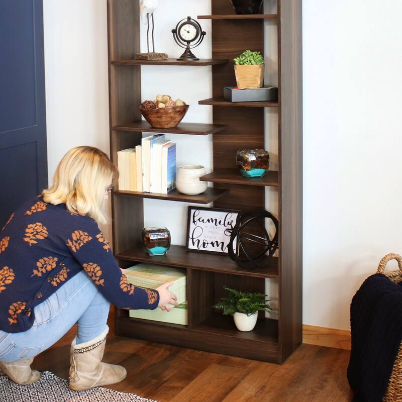 Sunnydaze Rosalee 9-Tier Open Bookshelf with Staggered Shelves