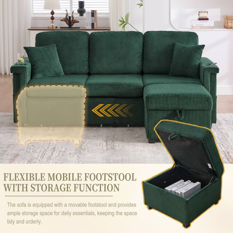 HOMEFUN Corduroy Upholstered L-shaped Pull-Out Storage Sectional Sofa with Storage Ottoman,USB Charging,Cup Holder