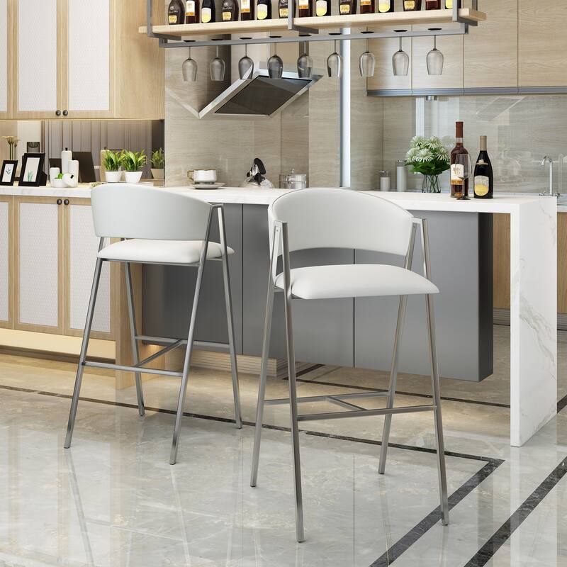 Modern Set of 2 Bar Stools with Leather Backrest Seat, Footrest, Metal Frame, for Kitchen Island Bar and Dining Room