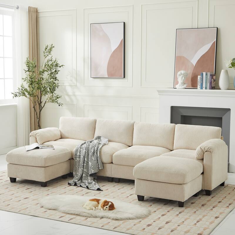 Multi-Seater Corduroy Sectional Sofa, Modular Settee, Included Removable Ottomans