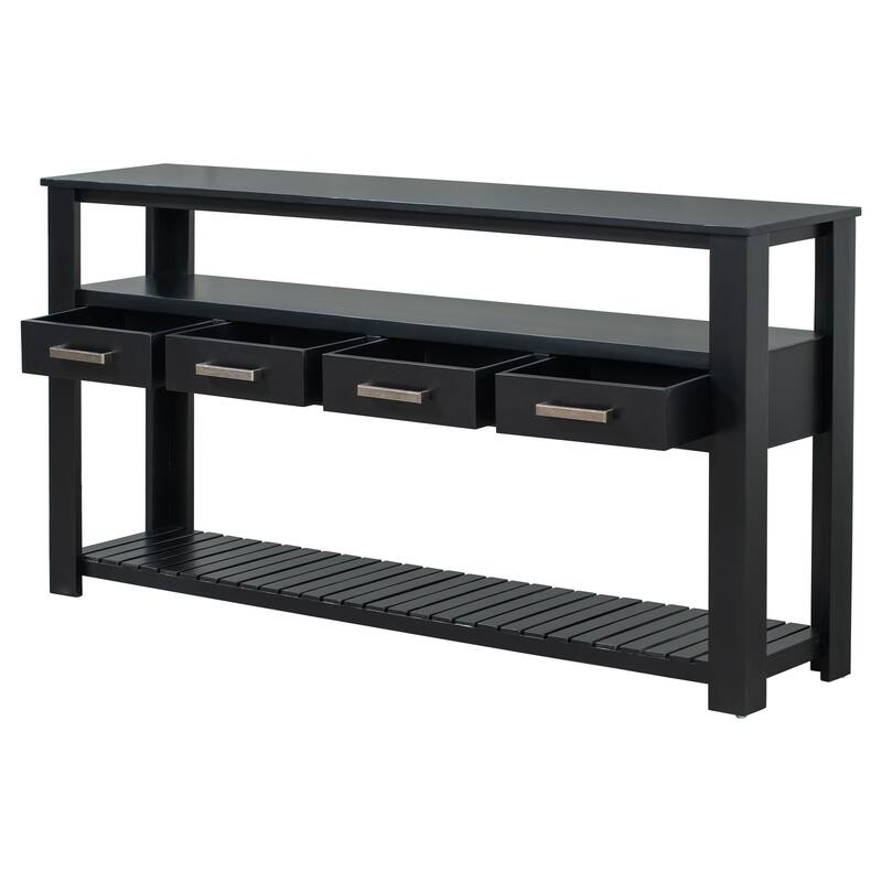 61.5"Large Entryway Table with 4 Drawers,Painted Console Table with 3-Tier Open Shelves and Metal Handles