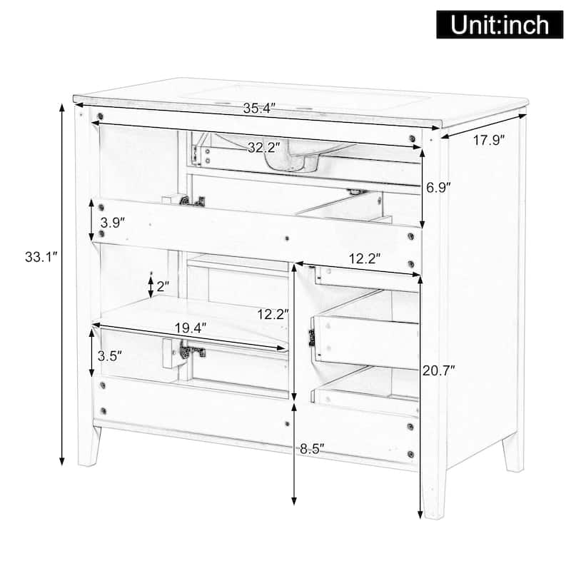 36-Inch Bathroom Vanity with Sink, MDF and Solid Wood Cabinet, 3 Drawers and Adjustable Shelf, Freestanding Design