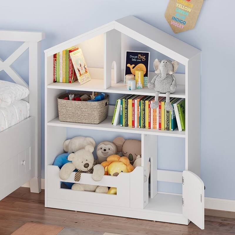 Kids Bookshelf and Toy Storage, Wooden Kids Bookcase with Motion Sensor Light - White