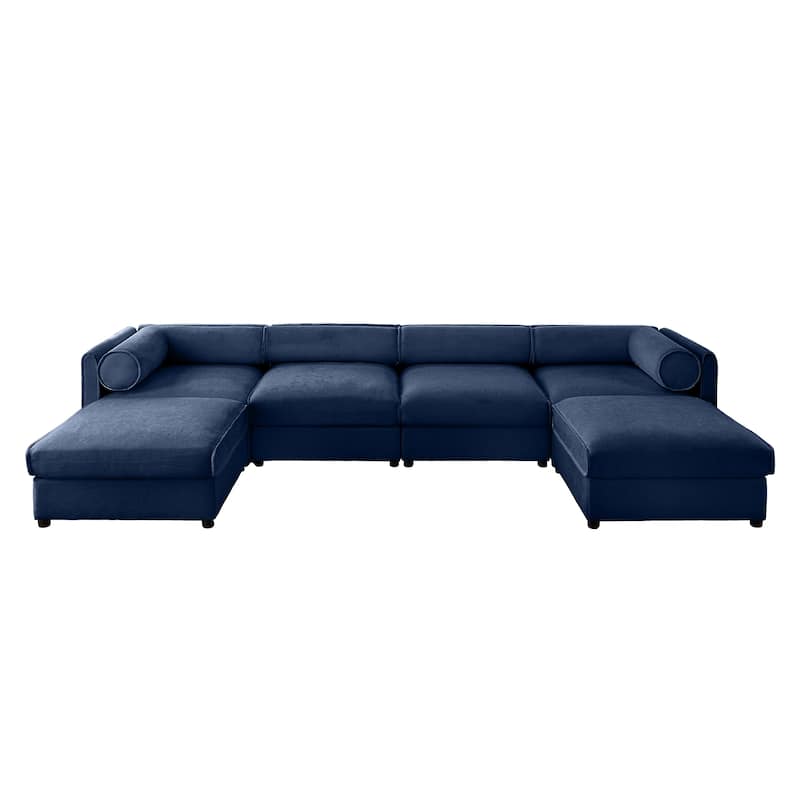 U Shaped Convertible Modular Sectional Sofa Deep Seat Storage Couch - Blue+4 Seat+2 Ottomans