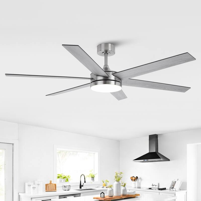 60-in Modern Brushed Nickel Wood Large Remote Indoor Smart Ceiling Fan with Light and APP
