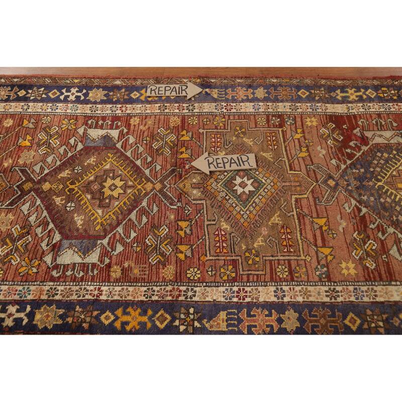 Hand Knotted Oriental 100% Wool Carpet Traditional Geometric Oranges & Rust Heriz Runner Rug - 12' 11'' X 3' 9''