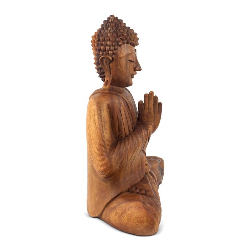 Wooden Serene Sitting Buddha "Anjali Mudra" Statue Handmade Meditating Sculpture Figurine Home Decor Wood