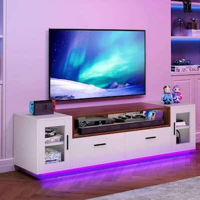 Modern TV Stand for 75 inch TV with Power Outlet & LED Lights White - 62 inches